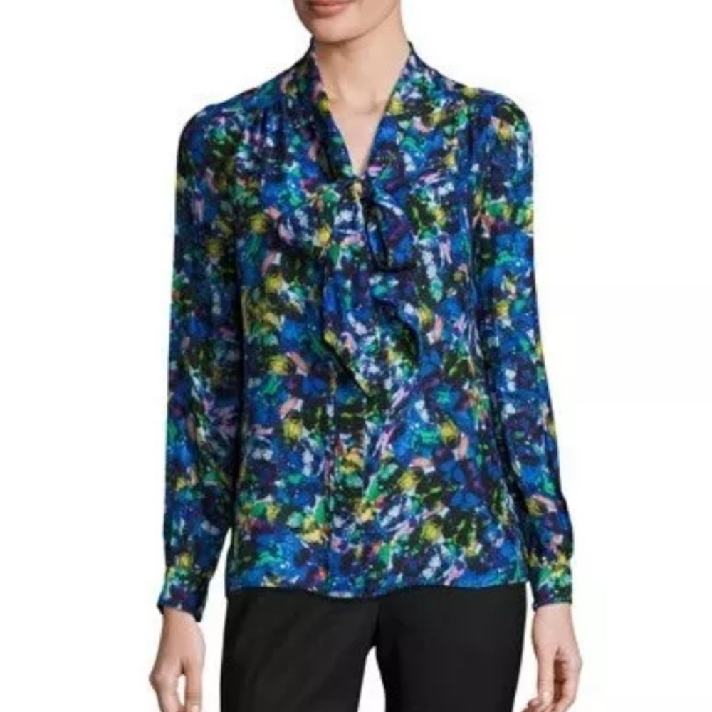MILLY Silk Jewel-Print‎ Tie-Neck Blouse  blue multicolor Size 4 Small